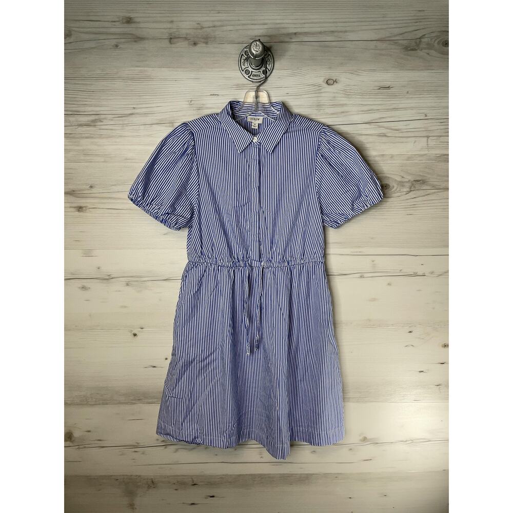 J.Crew Womens 4 Blue White Striped Shirt Dress Puff Sleeve‎ Drawstring BT113